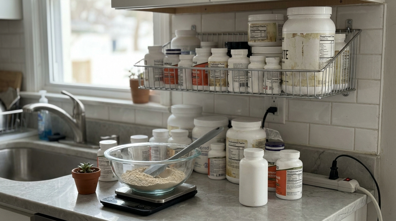 A kitchen counter and shelf overwhelmed with dozens of supplement bottles and powder tubs — the supplement graveyard